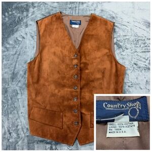 Vintage Leather Vest USA Made Brown Western Cowboy Suede Button Front Mens Med